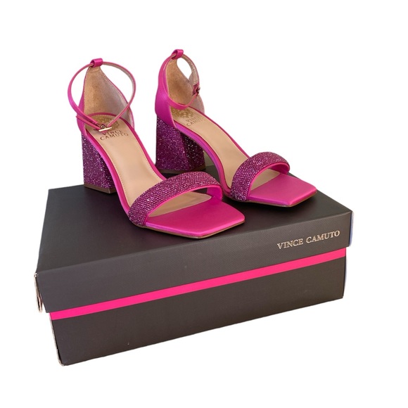Vince Camuto | Shoes | Vince Camuto Kreteli Fuschia Pink Satin Embellished  Block Heel Sandals Sz 75 | Poshmark